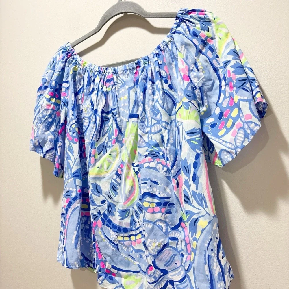 Lilly Pulitzer Sain Top in Blue Peri Pinch Pinch Off The Shoulder Coastal Preppy